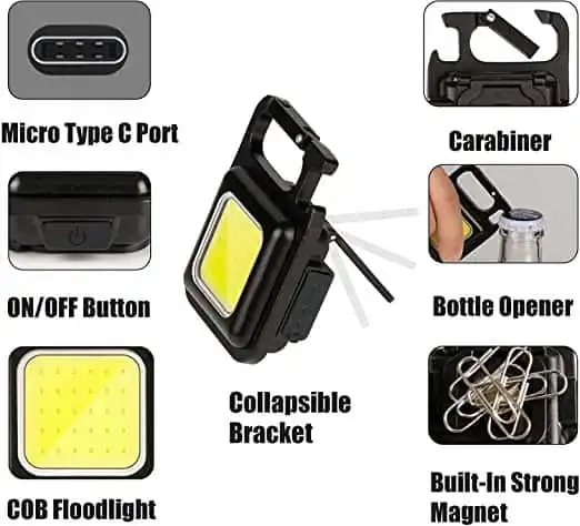 Limits COB 500 Lumens Bright Rechargeable Keychain Mini Flashlight with Folding Bracket Bottle Opener and Magnet Base for Camping, Hiking