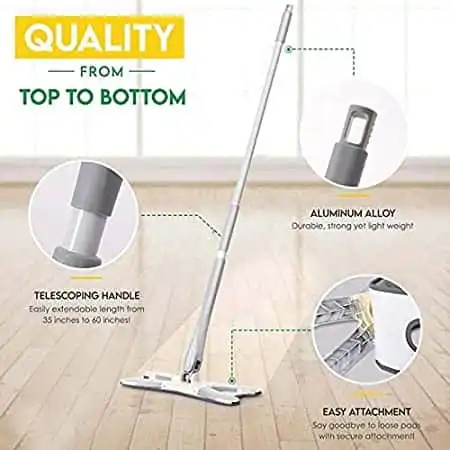 Belanto Upgraded X-Shape Mop System is a 360° flexible head wet and dry mop for home kitchens, consisting of 1 super-absorbent microfiber pads.