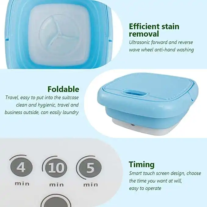 Protoiya Portable Mini Folding Clothes Washer, Automatic Portable Washer with Drain Basket  Touch Screen and Timer for Underwear, Sock, Baby Clothes, Travel, Camping, RV, Dorm, Apartment(Blue)
