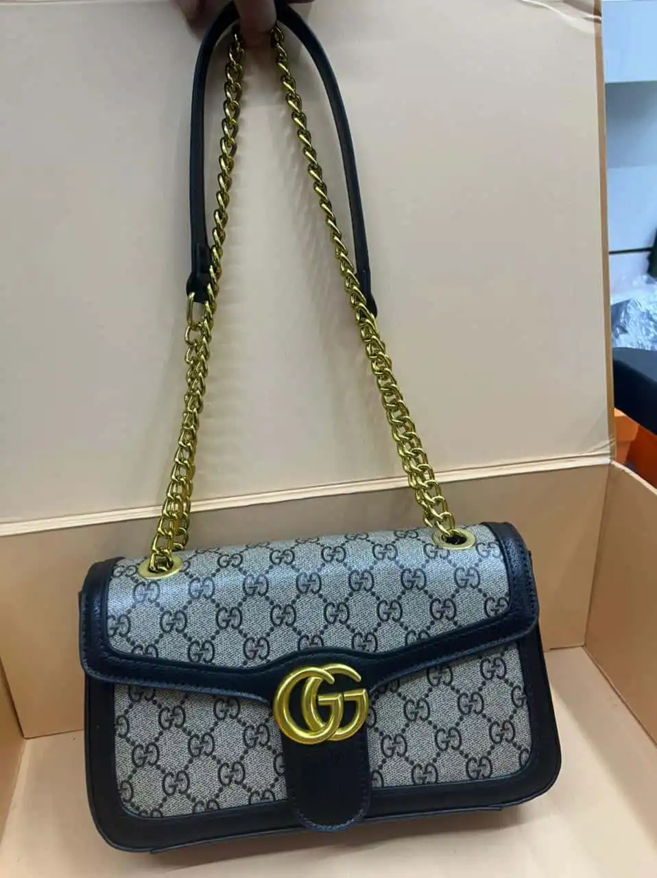 Gucci GG Marmont Canvas Diagonal Azalea Flap Blue Small Shoulder Bag